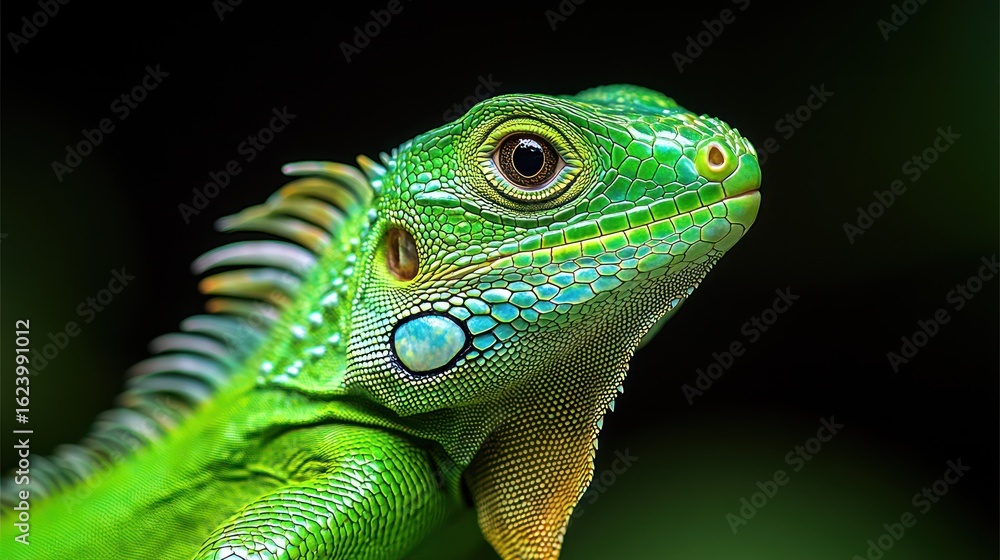 Fototapeta premium Close-up of a vibrant green iguana's head