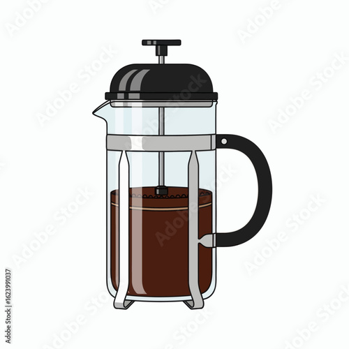 A French press with dark coffee sits against a white background