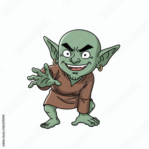 A greenskinned goblin crouches reaching forward with a sinister grin adorned with earrings and wearing a brown tunic