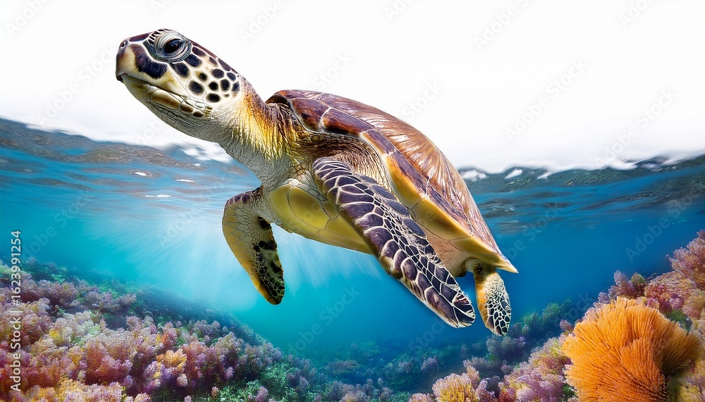 Fototapeta premium a sea turtle swimming gracefully through a floral infused ocean with a clean white backdrop