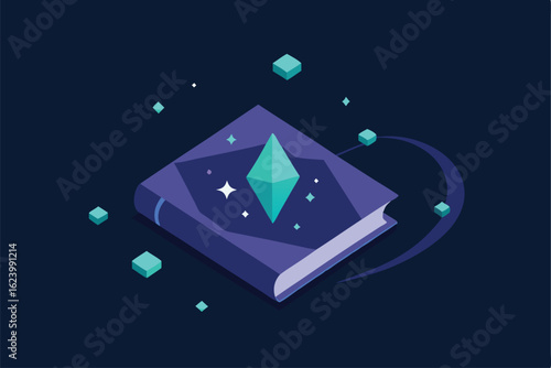 floating holographic spellbook with runes and data.eps