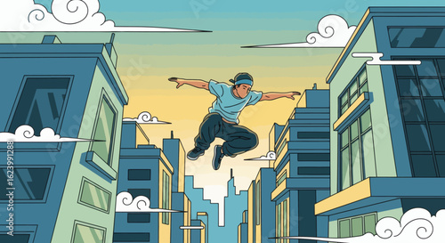 A parkour athlete midjump amidst stylized cityscape buildings beneath clouds