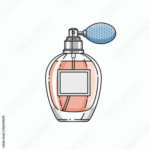 A perfume bottle with a bulb atomizer filled with a pink liquid