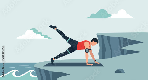 Man Doing Leg Lift Plank Exercise On A Cliff With Seascape View