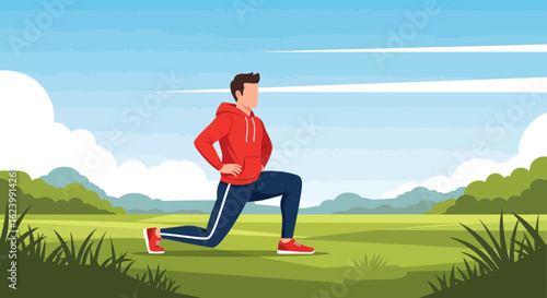 Man Doing Lunges In Outdoor Exercising In Nature Scenery Illustration