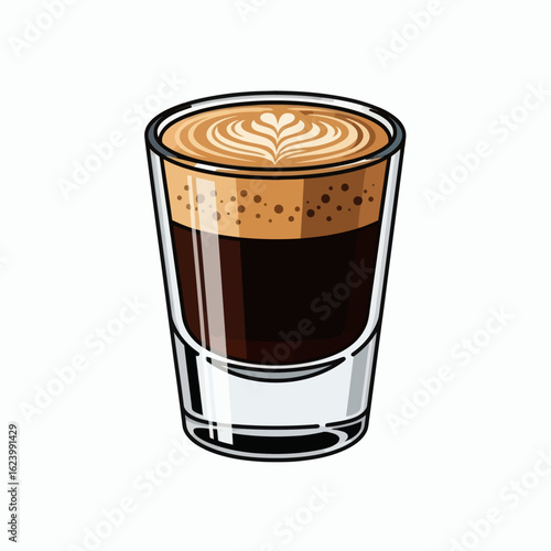 A shot glass filled with coffee topped with foamy latte art
