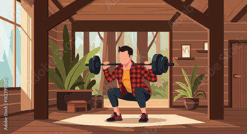 Man Doing Squats With Barbell At Home In Comfortable Environment