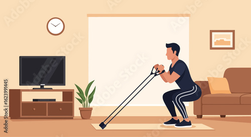 Man Doing Squats With Resistance Band In Cozy Living Room Setting