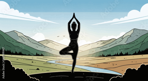 A silhouette in tree pose against a mountain landscape with a river and partly cloudy sky