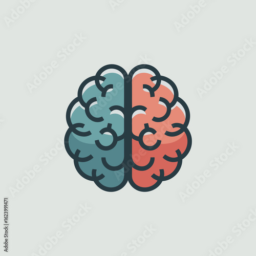 A simplified human brain graphic teal left hemisphere red right hemisphere outlined in black