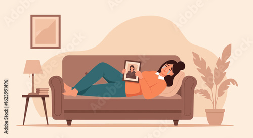 Solitude And Nostalgia Woman Laying On Couch Remembering Precious Memories