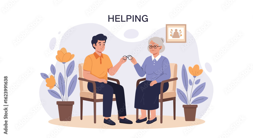 Man Giving Eyeglasses To Senior Woman In Relaxed Conversation At Home Man Giving Eyeglasses To Senior Woman In Relaxed Conversation At Home