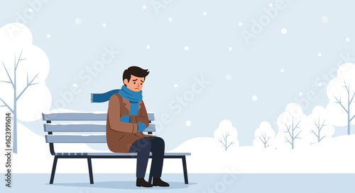 Man Freezing Outdoors Cartoon Character Cold Winter Scene Depression Concept