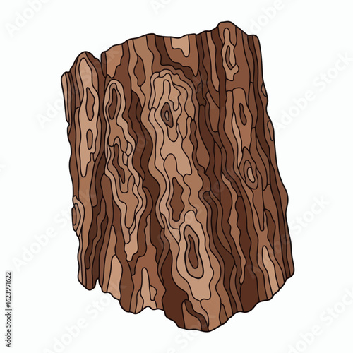 A stylized roughly rectangular tree stump is depicted with layers of brown shades and contour lines