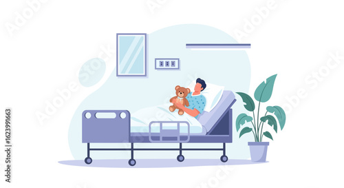 Patient Recovering Comfort In Hospital Bed With Teddy Bear Therapy Concept