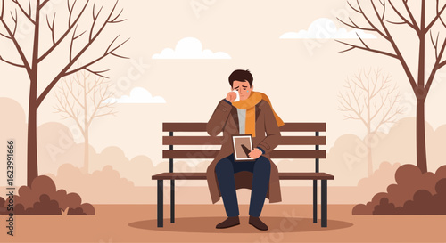 Man Grieving Alone In Autumn Park Holding Picture On Wooden Bench