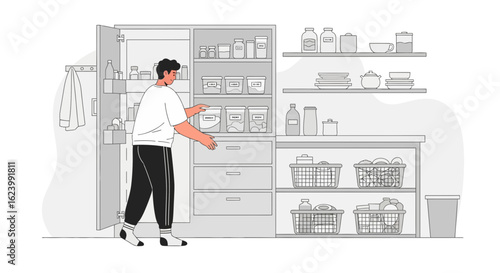 Man Organizing And Stocking A Well Organized Pantry In Modern Home