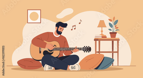 Man Playing Guitar Sitting On Pillows Enjoying Relaxing Time At Home