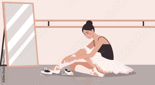 Pensive Ballerina Preparing For Practice At The Barre After A Long Day