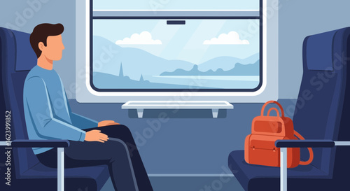 Pensive Man Traveling By Train Watching Landscape Through The Window