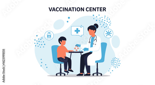Pediatrician Giving Child A Vaccine At The Medical Center With Healthcare Symbols