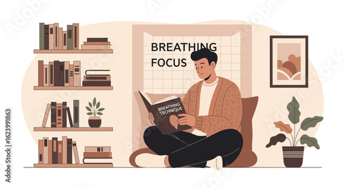 Man Practices Mindfulness Reading About Breathing Technique For Wellbeing