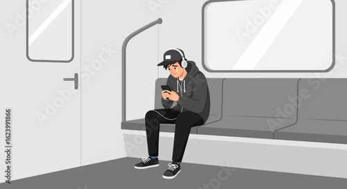 Pensive Commuter Absorbed In Mobile Device On Train Seat In Monochrome Style