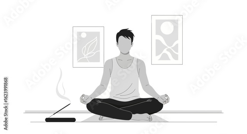 Man Practicing Meditation With Incense Stick In Modern Home Interior