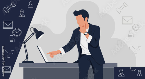 Pensive Business Executive Working On Laptop With Office And Technology Icons