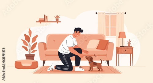 Man Playing With Puppy In Living Room Cozy Home Interior Cartoon Design