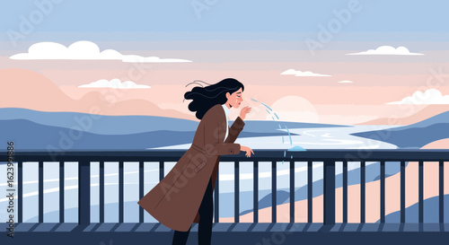 Pensive Woman Stands by the Bridge Feeling Sad Overlooking Serene Mountain View