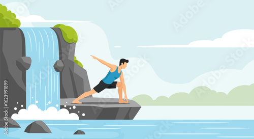 Man Practicing Yoga Near Waterfall in Tranquil Natural Environment