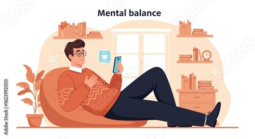 Man Relaxing At Home On A Beanbag With Smartphone Security Concept