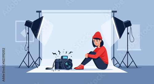 Photography Disappointment Scene With A Broken Camera And Depressed Photographer