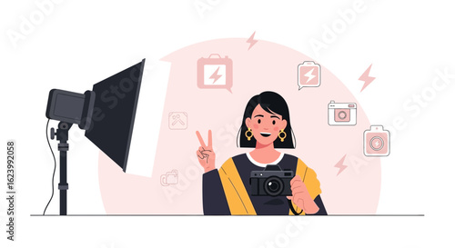 Photography Passion Female Presenting A Modern Camera Equipment Illustration