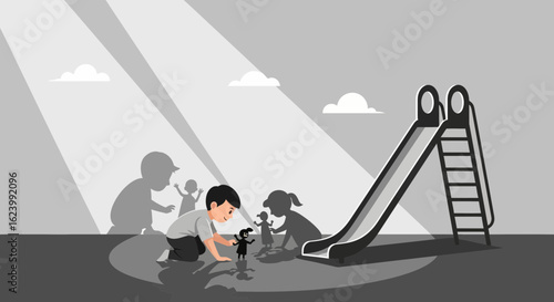 Playground Fun: Children Playing With Toys Near A Slide In Monochrome