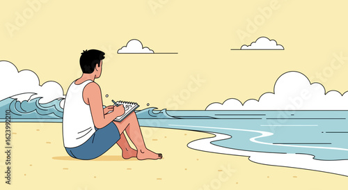 Man Sketches Scenic Seascape And Ocean Waves On Sunny Beach Vacation