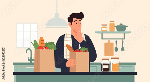 Man Thinks About Cooking Recipe After Coming From Grocery Shopping