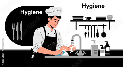 Professional Chef Ensuring Hygiene Washing Hands In Kitchen Sink Illustration