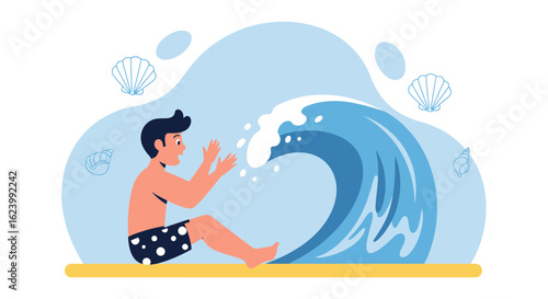 Man Surprised by Wave Coming to Shore on Hot Summer Day Vacation