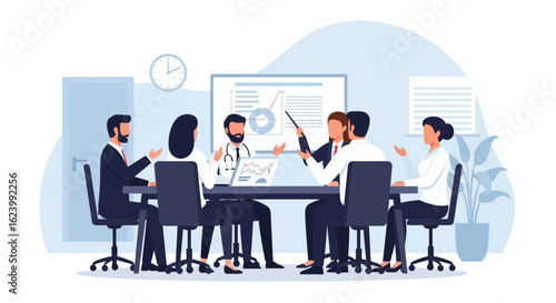 Professional Healthcare Team Meeting Discussing Data Analytics And Strategy