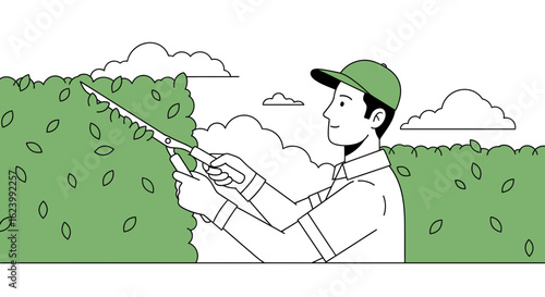 Professional Gardener Pruning Hedge with Precision Tools In the Suburban Area