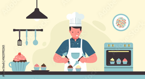Professional Confectioner Decorating Cupcakes In Kitchen For Cooking Show Or Bake Sale