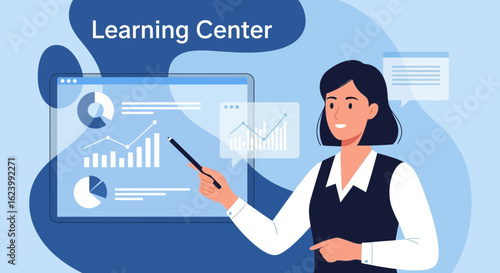 Professional Instructor Presenting Data Charts At Online Learning Center Or Business Meeting