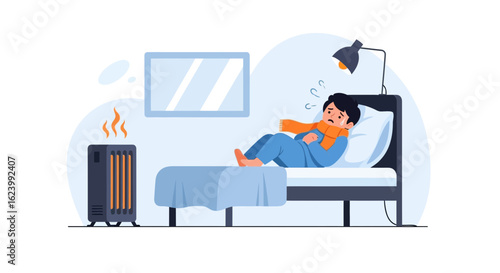 Man With Cold Lying in Bed Near Radiator With High Fever Symptoms