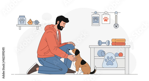 Man With Puppy In Pet Grooming Room At Home Petting Domestic Animal