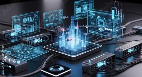 Futuristic Cityscape Hologram on Black Tech Table with Data Screens