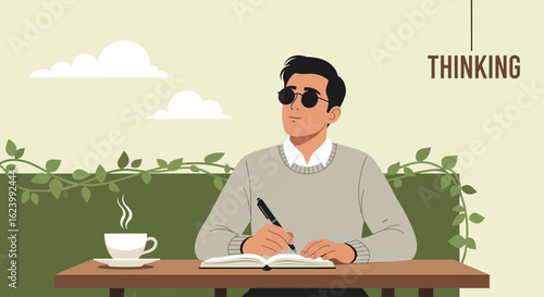 Man Writing In A Notebook While Enjoying A Hot Beverage Outdoors Creative Session