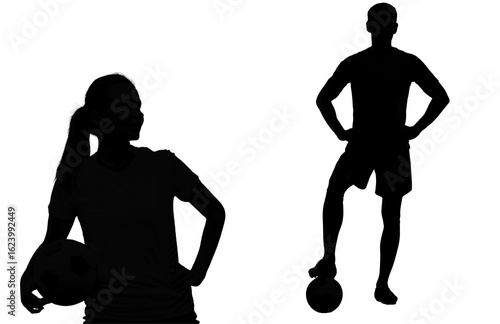 Football Player Silhouettes – Male and Female Athletes with Soccer Ball