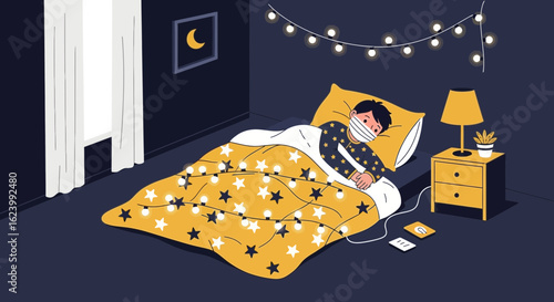 Quarantined Teenager Sleeping In His Room Decorated With Lights At Night